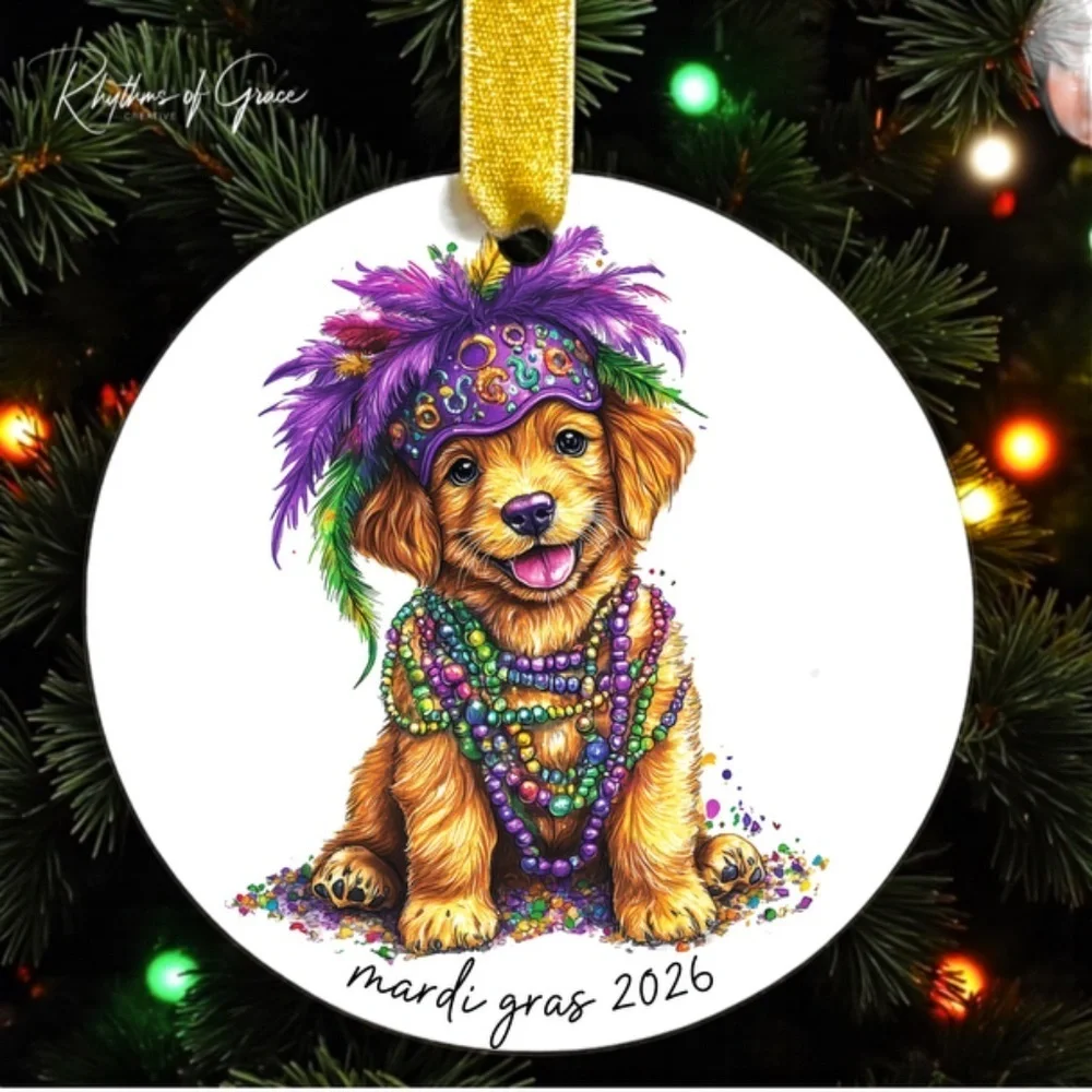 Mardi Gras Golden Retriever Christmas Ornament, Dog Lover Keepsake, Personalized